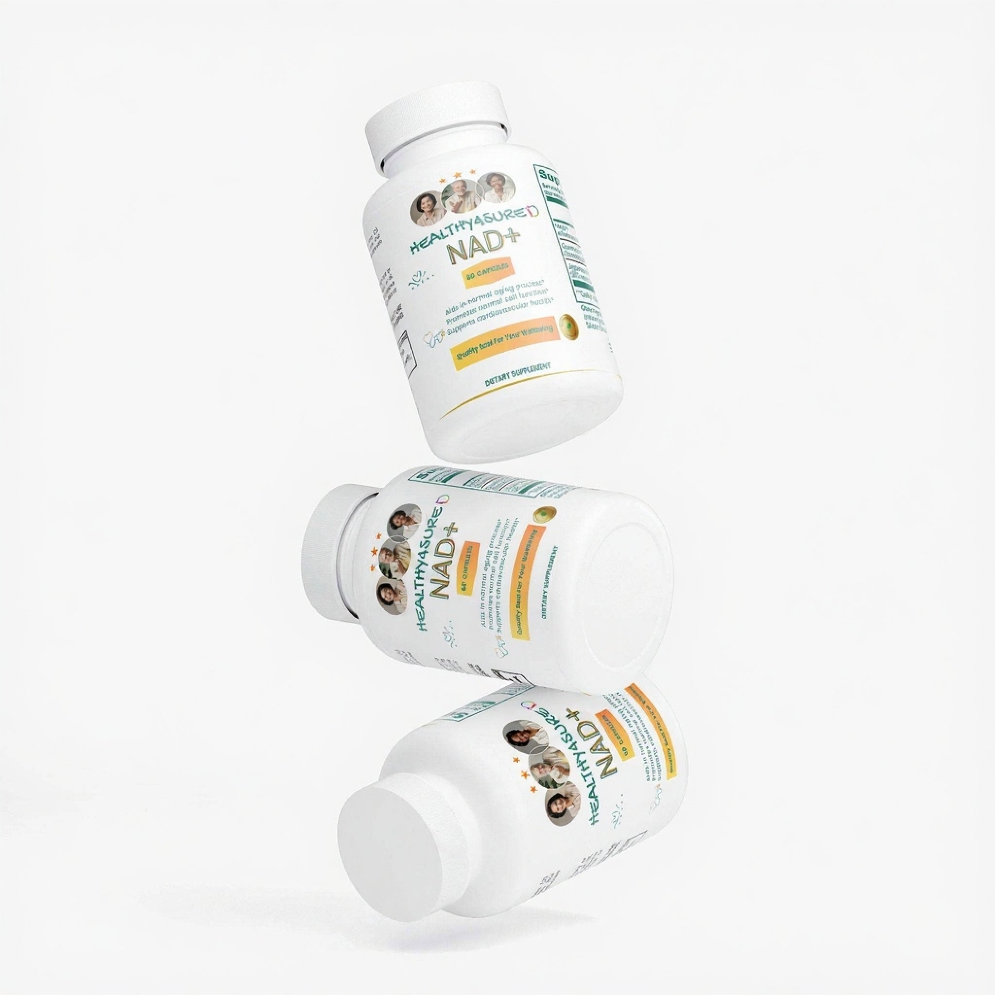 Three bottles of Healthy mieux NAD+ supplement on a white background