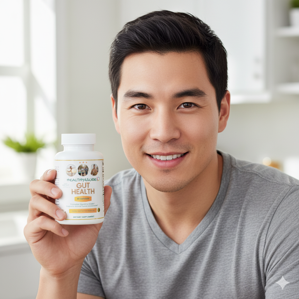 Man holding a supplement bottle labeled &