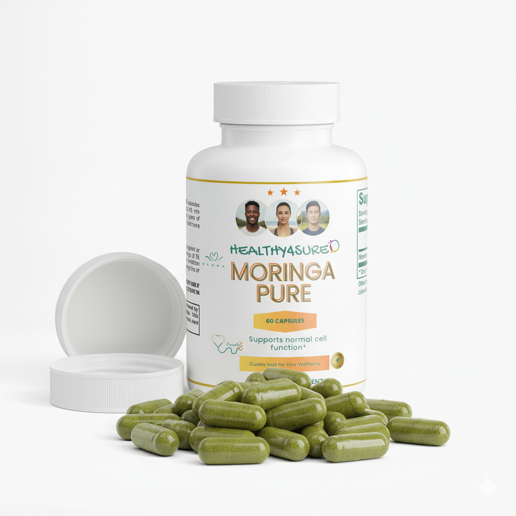 Bottle of Healthyasure Moringa Pure capsules with open lid on a white background