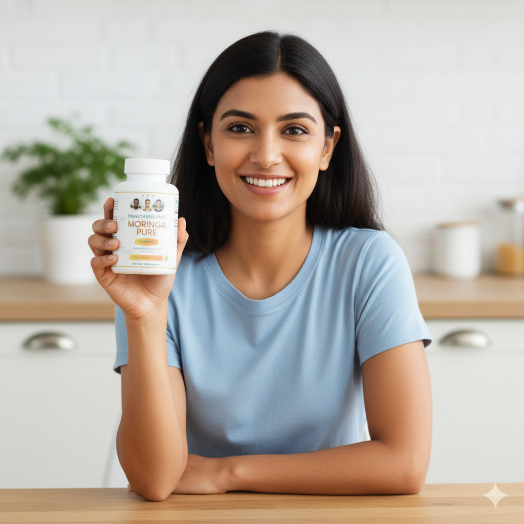 Woman holding a supplement bottle in a kitchen setting