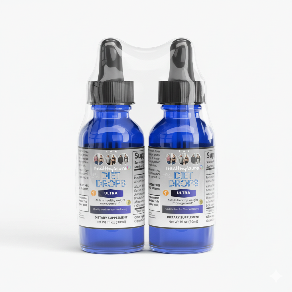 Two blue bottles of Diet Drops dietary supplements on a white background healthy4sure
