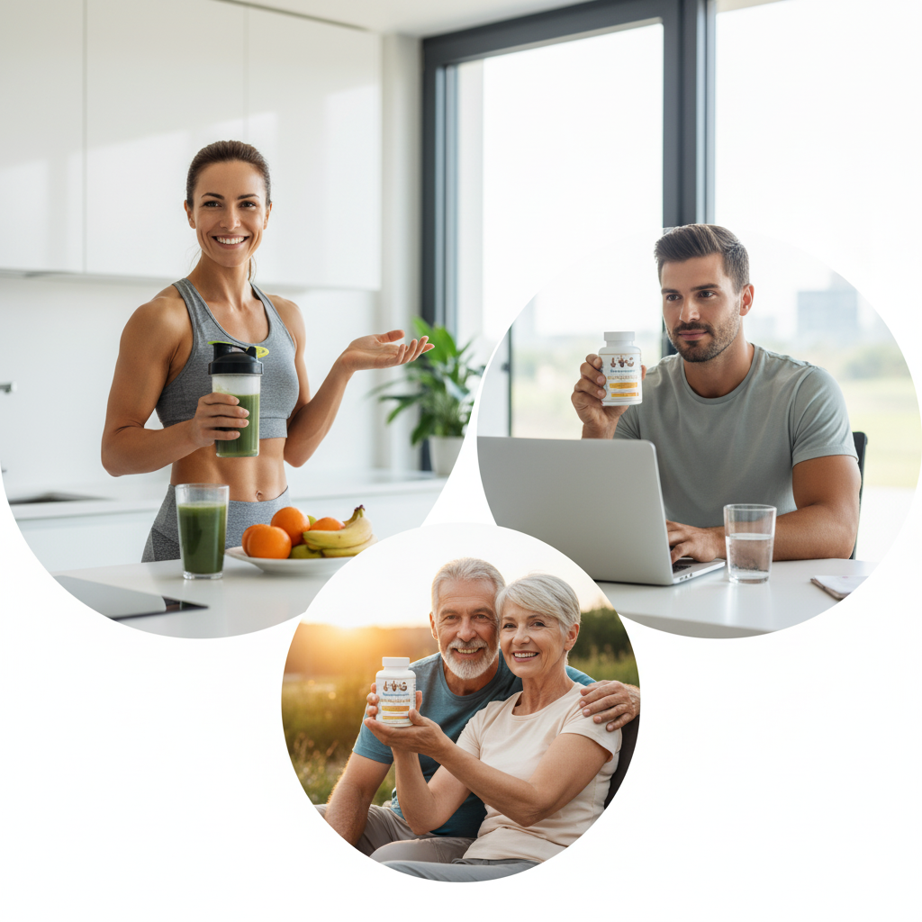 Collage of people holding supplements in a kitchen and outdoor setting Healthy4sure.com