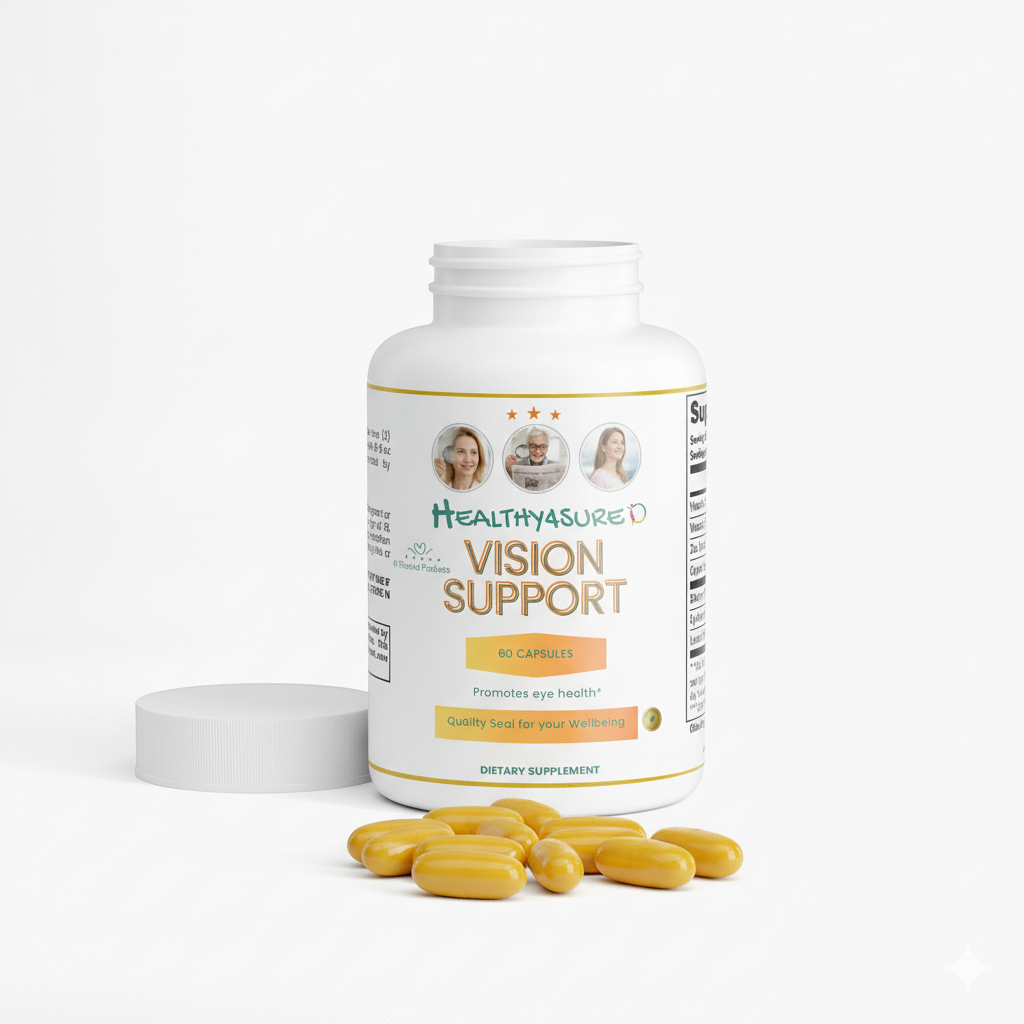Vision support supplement bottle with capsules on a white background