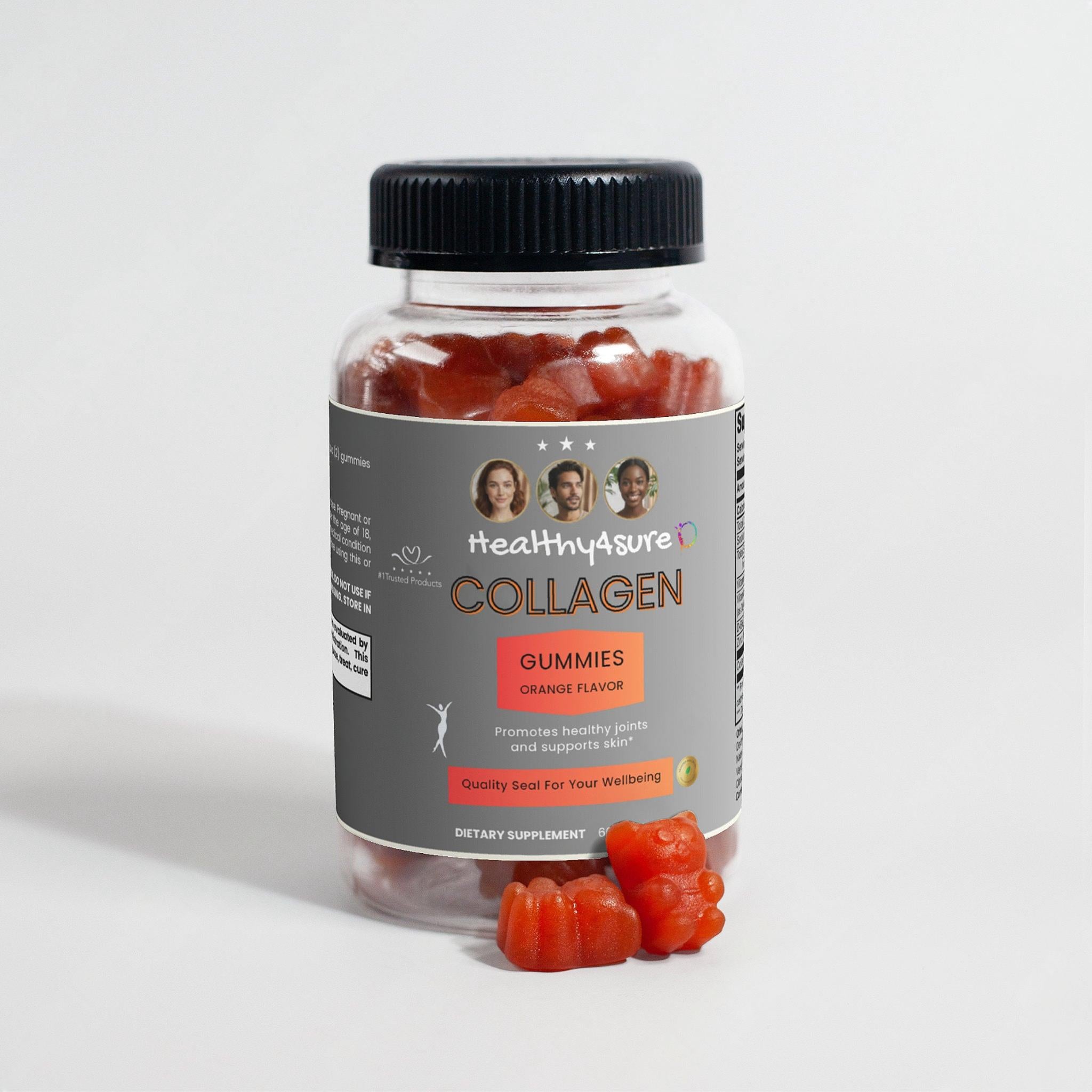 Bottle of healthysure collagen gummies with a gray label on a light gray background