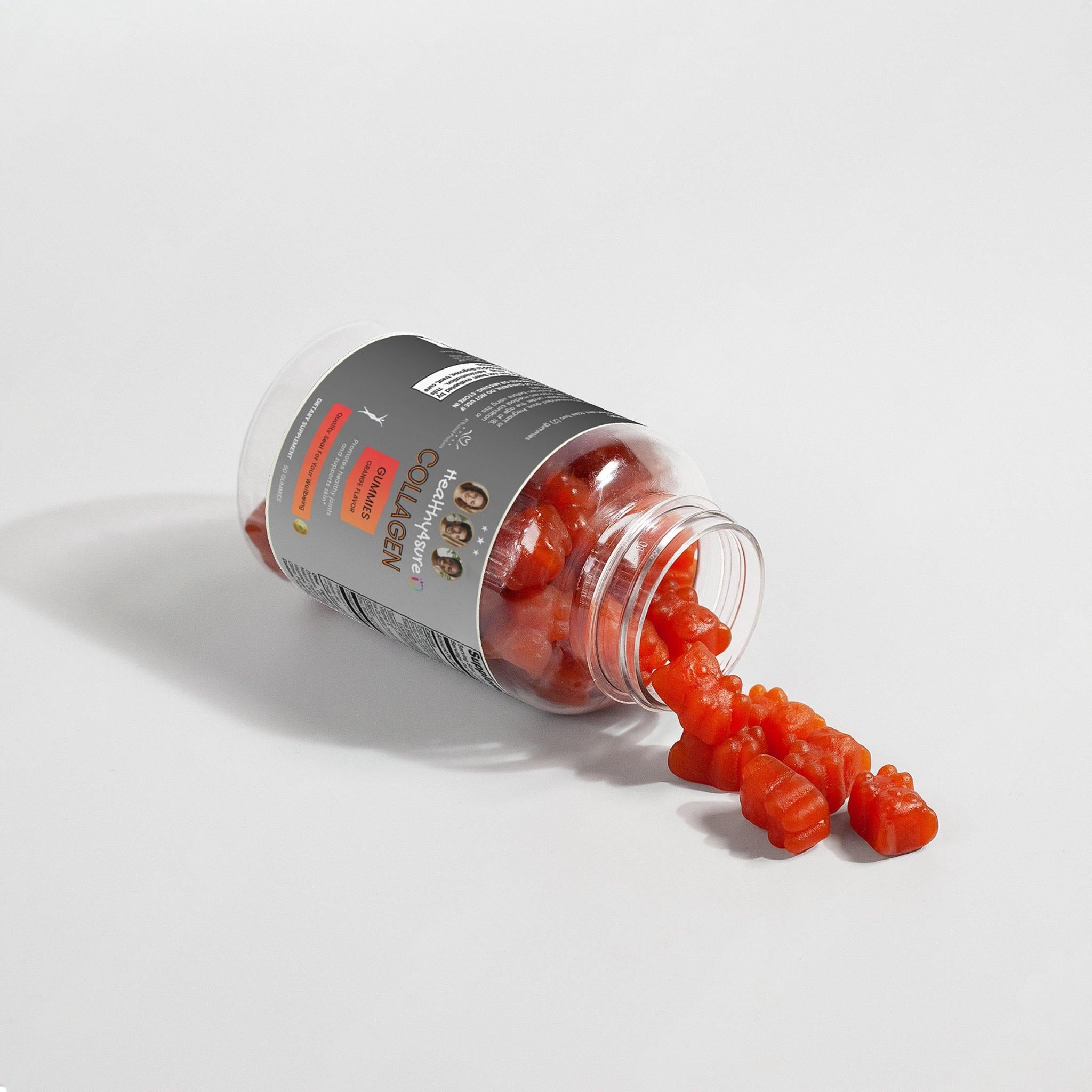 Open bottle of red gummy bears with a visible label on a white background