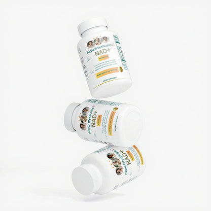 Three bottles of Healthy mieux NAD+ supplement on a white background