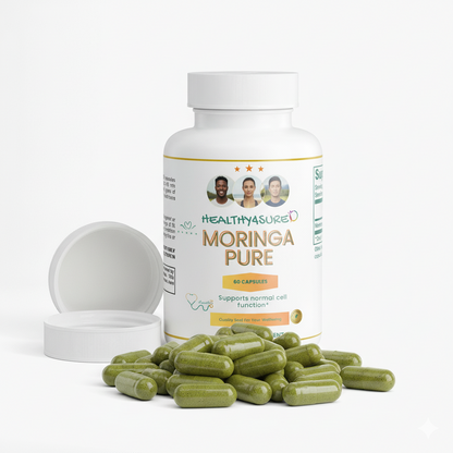Bottle of Healthyasure Moringa Pure capsules with open lid on a white background
