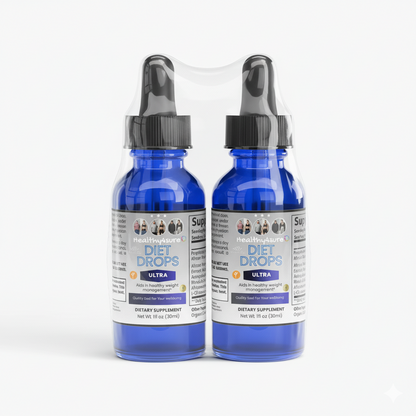 Two blue bottles of Diet Drops dietary supplements on a white background healthy4sure