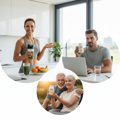 Collage of people holding supplements in a kitchen and outdoor setting Healthy4sure.com
