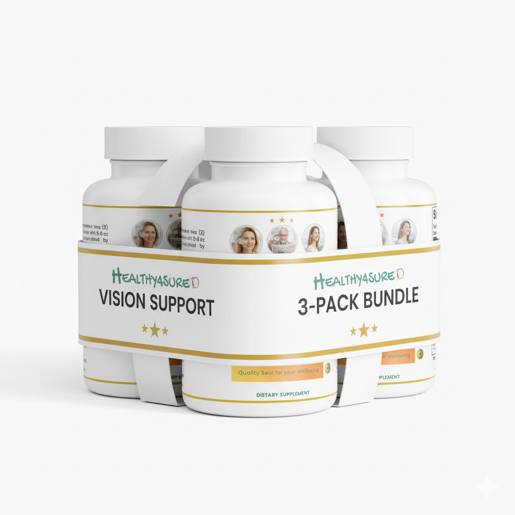 Three bottles of Healthasure Vision Support supplement on a white background