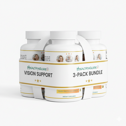 Three bottles of Healthasure Vision Support supplement on a white background